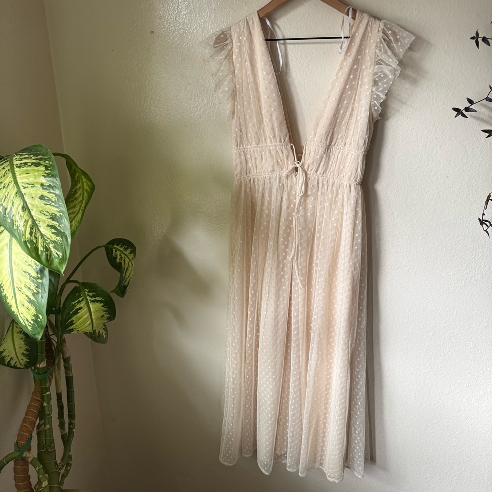 Lulus | Yours Evermore Cream Swiss Dot Ruffled Midi Dress - Picture 6 of 7
